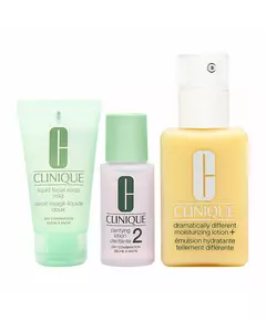 Great Skin Start Here 3 Step Set Clinique: Dramatically Different Lotion+ Fragrance Free Moisturizing Day & Night Lotion For Face 125 ml + Clinique Cleansing Liquid Soap For Face 30 ml + Clarifying 2 Cleansing Lotion For Face, 125 ml