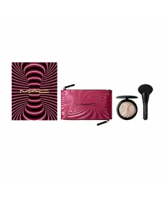 Trick Of The Light Extra Dimension Skinfinish Kit Set MAC: Textile Makeup Bag Burgundy + MAC Multi Face Brush 143S + Extra Dimension Skinfinish Highlighter Powder Magnetic Attraction, 9 g