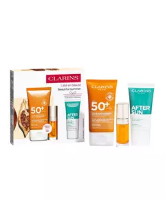 Set Clarins: Clarins Hydrating Sunscreen Cream For Face SPF 50+ 50 ml + After Sun Regenerating After-Sun Balm 30 ml + Lip Confort Lip Oil 01, 50 ml