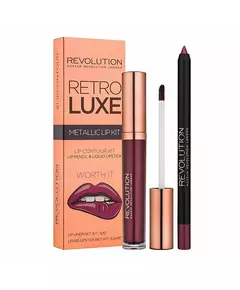 Set Makeup Revolution: Retro Luxe Metallic Liquid Lipstick Worth It 5.5 ml + Retro Luxe Lip Liner Worth It, 5,5 ml