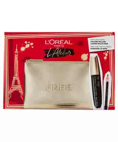 Atelier Kit Set L'Oreal Paris: Volume Million Lashes Volumizing & Lengthening Mascara Black 8.9 ml + Paradise Le Khol Kajal Eye Pencil 1.2 g + Textile Makeup Bag Gold, 8.9 ml