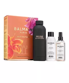 Set Balmain Professionnel: Muse Du Printemps GWP Steel Water Bottle Black + Balmain Professionnel Argan Oil Hair Leave-In Conditioner For Hydrate/Detangle & Shine 50 ml + Balmain Professionnel Butane Hair Spray For Volume Light Hold, 50 ml