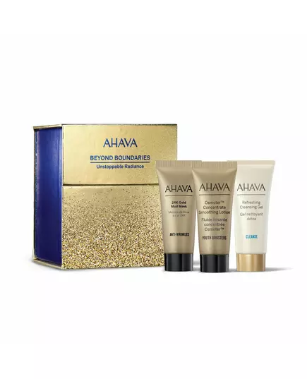 Unstoppable Radiance Set Ahava: Osmoter Concetrate Smoothing Lotion For Face 15 ml + Refresing Eliminates Impurities Cleansing Gel For Face 15 ml + 24K Gold Mineral Anti-Wrinkle Mud Mask For Face 15 ml + Ahava GWP Textile Pouch, 15 ml, Bild 2