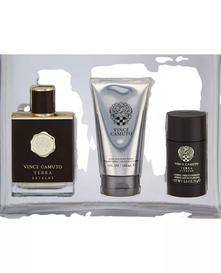 Set Vince Camuto: Terra Extreme Eau De Toilette For Men 100 ml + Terra Extreme Anti-Perspirant Deodorant Stick For Men 71 g + Terra Extreme Shower Gel & Shampoo 2-In-1, 100 ml