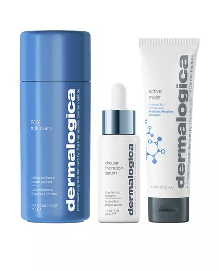 Smooth + Hydrate Set Dermalogica: Daily Milkfoliant Exfoliating Exfoliating Powder 74 g + Active Moist Prebiotics Hydrating Cream For Face 50 ml + Circular Hydration Hyaluronic Acid Serum For Face, 74 g