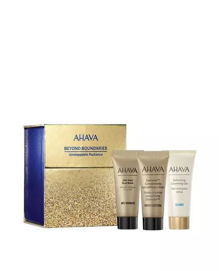 Unstoppable Radiance Set Ahava: Osmoter Concetrate Smoothing Lotion For Face 15 ml + Refresing Eliminates Impurities Cleansing Gel For Face 15 ml + 24K Gold Mineral Anti-Wrinkle Mud Mask For Face 15 ml + Ahava GWP Textile Pouch, 15 ml