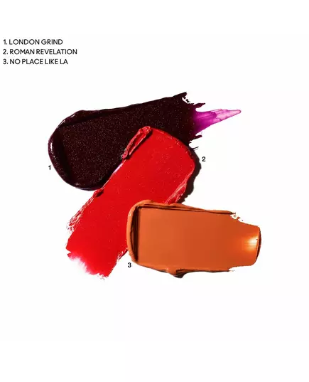MAC From Harris With Love Palette à lèvres Révélation romaine : Orange vif (Mat) + Nulle part comme LA : Nude chaud (Amplifié) + Broyage londonien : Violet profond (Amplifié), 3 g, image 3