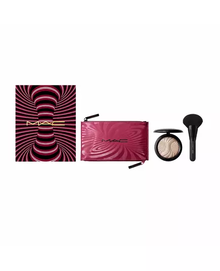 Trick Of The Light Extra Dimension Skinfinish Kit Set MAC: Textile Makeup Bag Burgundy + MAC Multi Face Brush 143S + Extra Dimension Skinfinish Highlighter Powder Magnetic Attraction, 9 g