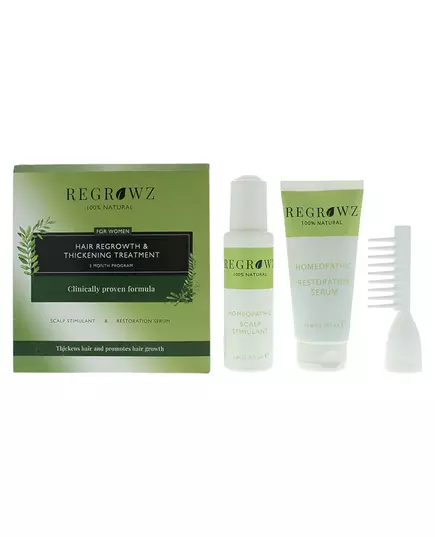 Set Regrowz: Homeopathic Scalp Serum Restorative 75 ml + Homeopathic Scalp Cream Treatment Hydrate & Protect 75 ml + Homeopathic Mini Hair Brush White, 75 ml