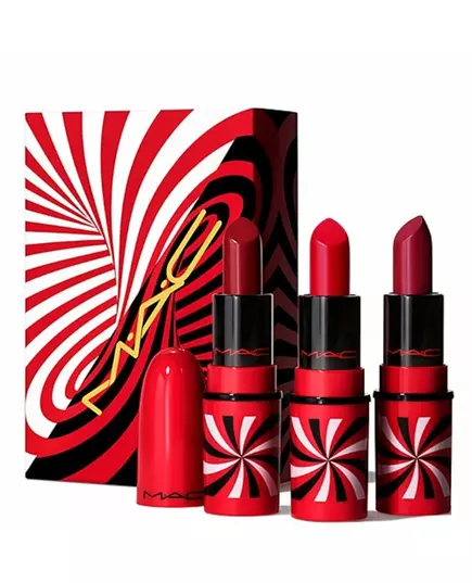 Tiny Tricks Set MAC: Mini Matte Cream Lipstick Awe-Spicious 1.8 g *Miniature + Mini Matte Cream Lipstick Snappy-Go-Lucky 1.8 g *Miniature + Mini Matte Cream Lipstick Sleight Of Grand 1.8 g *Miniature, 1,8 g