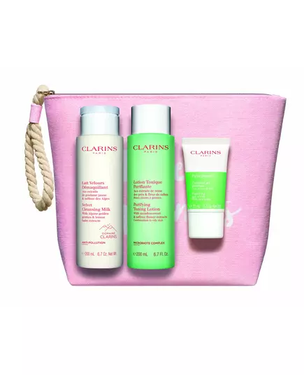 Set Clarins: Pure Exfoliating Scrub 15 ml + Velourse Anti-Pollution Cleansing Milk For Face 200 ml + Purifying Alcohol-Free Purifying Tonic Lotion For Face, 15 ml