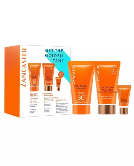 Get The Golden Tan! Set Lancaster: Golden Tan Maximizer Buriti Oil Anti-Wrinkle After-Sun Serum 3 ml + Golden Tan Maximizer Hydrating & Soothing After-Sun Lotion 15 ml + Sun Beauty UV Protection Sunscreen Lotion SPF 30, 3 ml