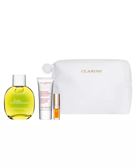 Set Clarins: Eau Extraordinaire Eau De Toilette For Women 100 ml + Moisture-Rich Shea Butter Moisturising Body Lotion Body 30 ml + Lip Confort Lip Oil 01 1.4 ml *Miniature + Clarins Zippered GWP Textile Pouch White, 100 ml, Bild 2