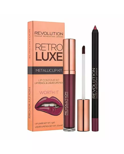 Set Makeup Revolution: Retro Luxe Metallic Liquid Lipstick Worth It 5.5 ml + Retro Luxe Lip Liner Worth It, 5,5 ml