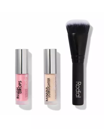 Xmas 2024 Set Rodial: Blush Drops Radiant Finish Liquid Blush Frosted Pink 15 ml + Banana Lowlighter Illuminating Liquid Highlighter For Face 1.6 ml + The Buffing Mini Foundation Brush No. 10, 15 ml