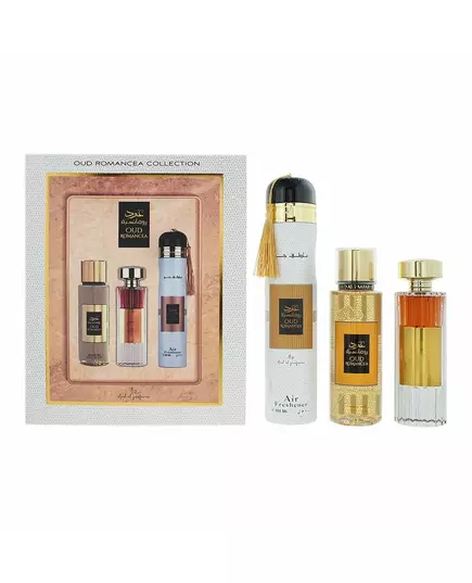 Set Ard Al Zaafaran: Oud Romancea Eau De Parfum For Women 100 ml + Oud Romancea Scented Spray For Women 250 ml + Oud Romancea Amber Room Air Freshener, 100 ml