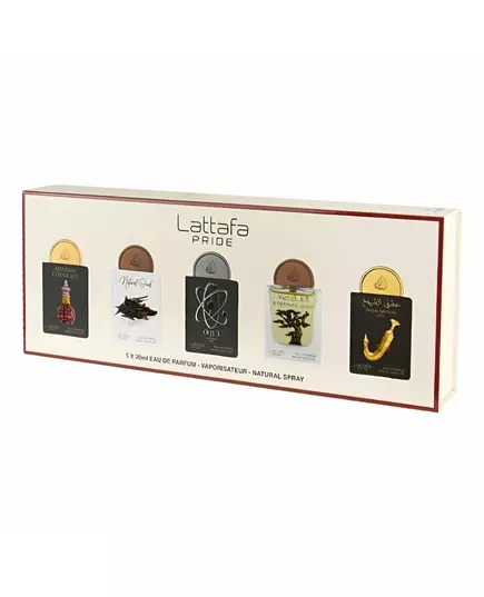 Set Lattafa: Artisan Ethnique Eau De Parfum For Women 20 ml + Natural Oud Eau De Parfum For Women 20 ml + Tharwah Silver Eau De Parfum For Women 20 ml + Eternal Oud Eau De Parfum For Women 20 ml + Shuyukh Gold Eau De Parfum For Women, 20 ml