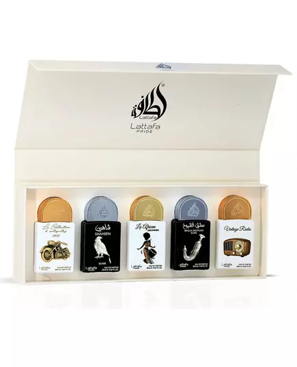 Coffret Lattafa : Vintage Radio Eau de Parfum unisexe 20 ml + Ishq Al Shuyukh Silver Eau de Parfum unisexe 20 ml + La African Drummer Eau de Parfum pour femmes 20 ml + Shaheen Silver Eau de Parfum unisexe 20 ml + La Collection Bike Eau de Parfum