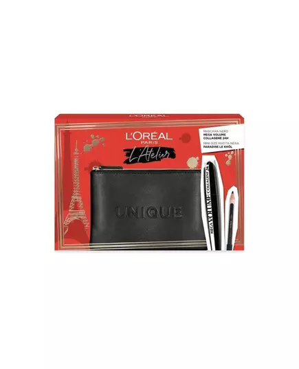 Set L'Oreal Paris: L'Oreal Paris Kajal Eye Pencil Black 1.5 g + Mega Volume Collagene 24h Waterproof Mascara Mega Black 9 ml + Textile Makeup Bag Black, 1.5 g