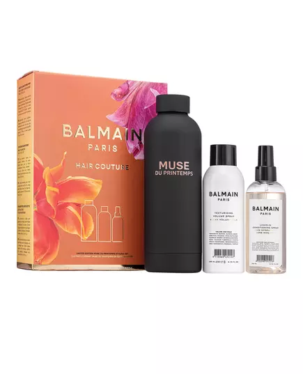 Set Balmain Professionnel: Muse Du Printemps GWP Steel Water Bottle Black + Balmain Professionnel Argan Oil Hair Leave-In Conditioner For Hydrate/Detangle & Shine 50 ml + Balmain Professionnel Butane Hair Spray For Volume Light Hold, 50 ml