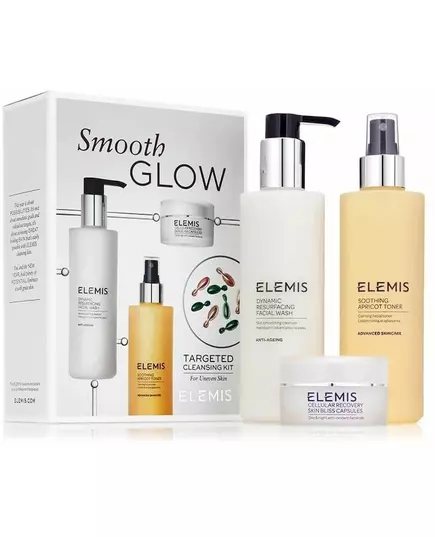 Elemis Smooth Glow Cleansing kit: Elemis Dynamic Resurfacing facial wash 200ml + Elemis Soothing Apricot toner 200ml + Elemis Cellular Recovery Skin Bliss capsules 14 caps